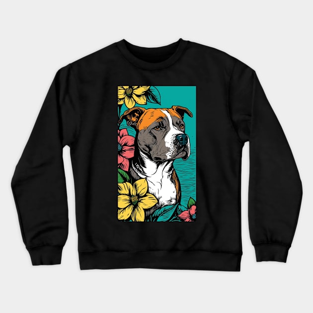 American Staffordshire Terrier PitBull Dog Vibrant Tropical Flower Tall Retro Vintage Digital Pop Art Portrait 4 Crewneck Sweatshirt by ArtHouseFlunky